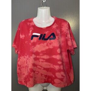 FILA Shirt Womens XL Red Tie Dye Cropped Logo Short Sleeve Crew Neck Tee Top